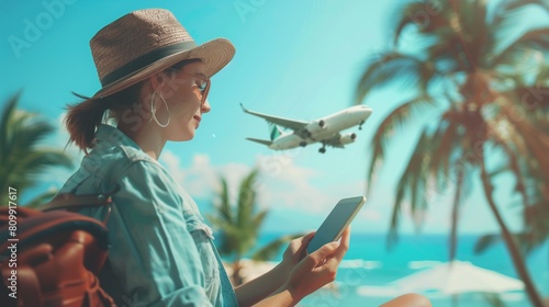 A woman uses her phone to get technology to plan and book her summer trip, such as travel apps and online booking platforms. Generative AI