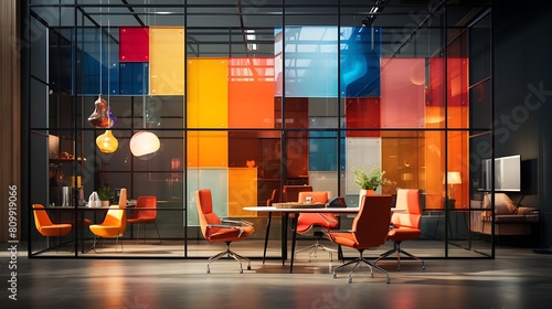 Colorful grid system for a flexible office interior.