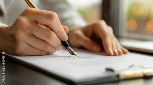 Close-up of a professional's hand writing on paper with a fountain pen in a well-lit office setting