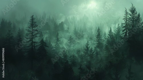 Mystic forest in ethereal fog, a serene and atmospheric landscape capturing the essence of solitude