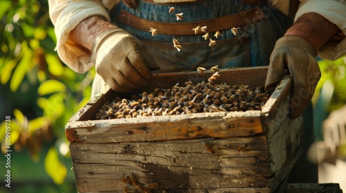 Beekeeper carefully monitoring hive to ensure optimum health and productivity of honeybees