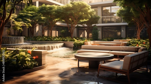 Courtyards with water features and seating.