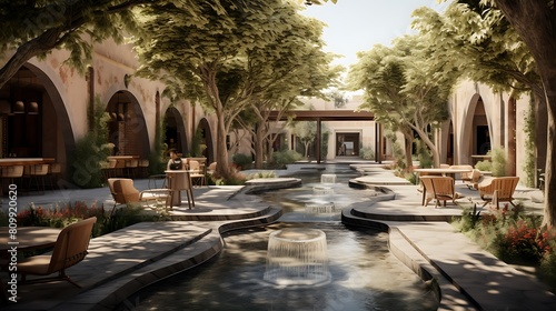 Courtyards with water features and seating.