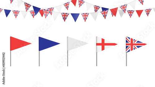 United Kingdom realistic illustration party flags 4 strings_British triangles festive roof decoration_England props on transparent background style B 