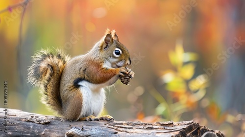 American Red Squirrel standing on log, profile view, eating a pine cone, looking inquisitive, alert and watchful.