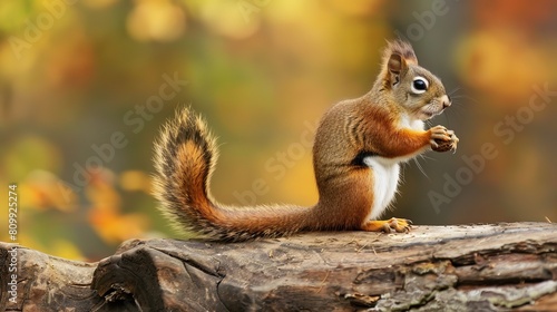 American Red Squirrel standing on log, profile view, eating a pine cone, looking inquisitive, alert and watchful.
