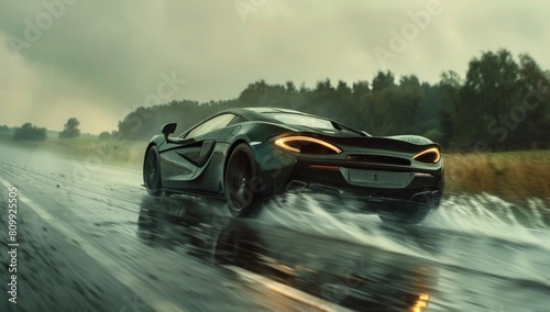 Freeze the moment as the hypercar accelerates, tires gripping the road with fierce determination against the green expanse.