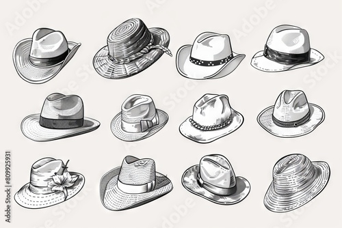 Doodle hats set, bonnet, beret, fedora linear drawings collection