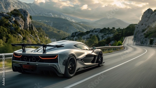 Zoom out to reveal the hypercar conquering the open road, a symbol of power and prestige set against the refreshing green backdrop.