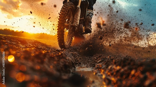 A thrilling ride through the mud captures the intense energy of a sunset motocross adventure