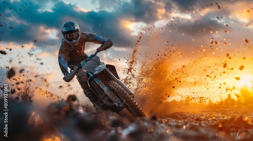 Intense motocross action at sunset with a rider splashing mud under a dramatic sky, showcasing speed and adventure