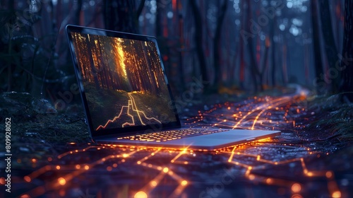 Atmospheric depiction of a laptop in a dark, enchanted forest, its screen illuminating paths that network lines turn into glowing trails