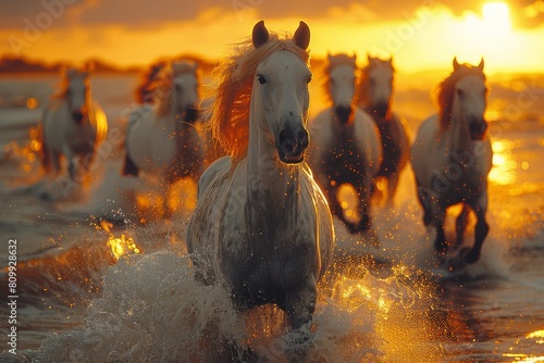 A powerful lead horse in sharp focus set against a herd galloping in the ocean at sunset