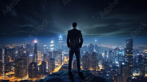 A corporate leader watches over a city under a starry sky contemplating the global impact of his business decisions.