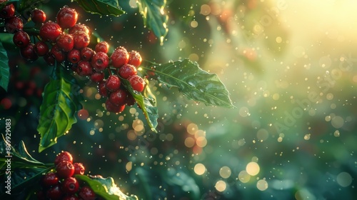 Vivid red berries glisten with raindrops under a soft sunlight, showcasing the beauty of nature in the rain