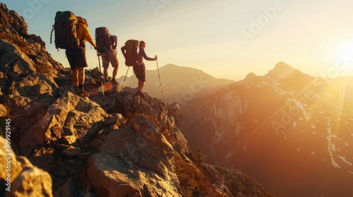 A group of individuals hiking up the steep mountainside, surrounded by rocks and vegetation under a bright blue sky.