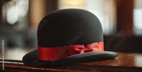 A close-up view of a black bowler hat with a red ribbon and bow detail, placed on a wooden surface with a blurred background.