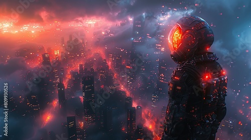 A dynamic scene featuring a futuristic soldier with a glowing red visor overlooking a vibrant cityscape. The style caters to themes of surveillance and futuristic urban environments