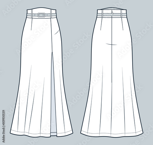 Slit maxi Skirt technical fashion illustration. A-line Skirt fashion flat technical drawing template, belt, high waist, back zipper, front and back view, white, women Skirt CAD mockup.