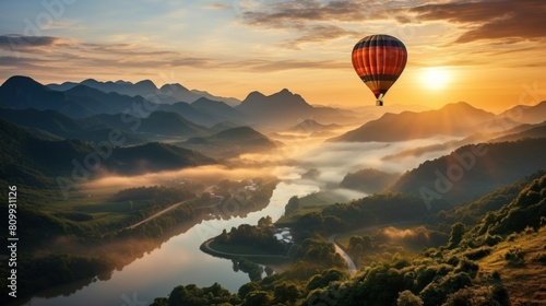 Colorful Hot Air Balloon Soaring Above Misty Mountains and Serene River at Sunrise