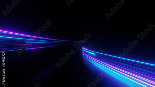 3D Render, Motion Speed neon light trail on dark background, abstract blue and purple light with high fast move curve beam.
