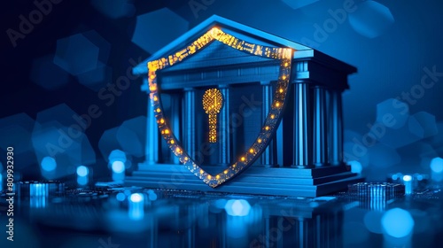 Icon depicting a cyber security shield protecting a bank, symbolizing the critical importance of cybersecurity in the financial sector