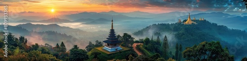 Serene Summit Sanctuary Majestic Wat Phra That Doi Suthep Shines Amidst Misty Mountain Peaks in