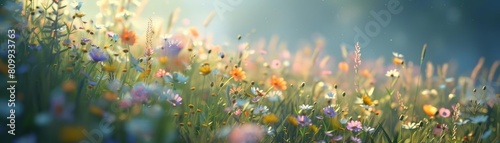 Capture the essence of Impressionism with a worms-eye view of a serene meadow, bathed in soft, dappled sunlight Include a scattering of wildflowers in vibrant, pastel hues