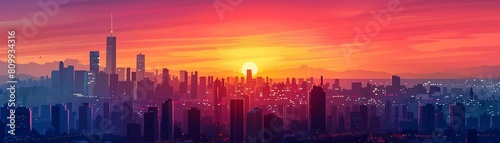 Craft a panoramic sunset over a bustling cityscape, showcasing vibrant hues melting into the horizon Render in photorealistic detail suitable for large-scale prints