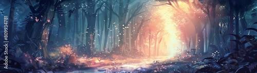 Illustrate a whimsical, scalable forest at dawn, where enchanted creatures frolic among towering trees and sparkling streams Use watercolor textures for a dreamy, ethereal feel
