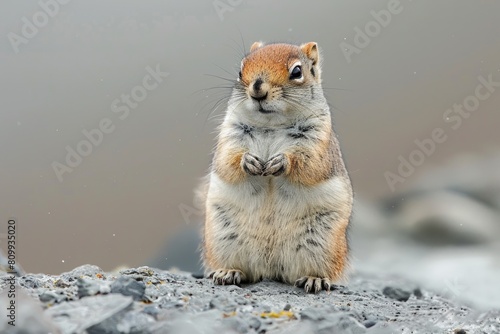 Standing Arctic Ground Squirrel in Kamchatka near Tolbachik Volcano. Close-up portrait of funny