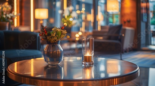 An empty area on a stylish table in a luxury hotel lobby, with high-end decor and warm lighting