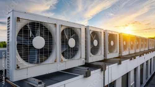 Air conditioning units mounted on the roof of an industrial building, typically used in HVAC systems