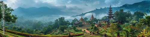 Serene Hilltop Temple Amidst Rugged Panoramic Landscapes and Tranquil Gardens of Wat Phra That Mae