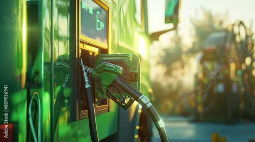 Detailed view of a green biofuel gas pump in the process of fueling a vehicle