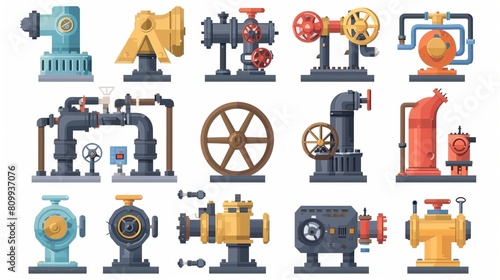 Icon set of various types of water pumps, including centrifugal, rotary, submersible, and well pumps