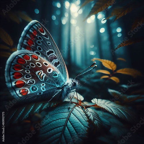 A vibrant butterfly perches on foliage under soft sunlight
