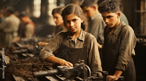 Young Workers in a Historical Industrial Workshop Engaged in Manual Labor
