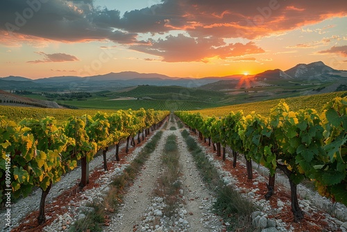 The warm glow of the golden hour emphasizes the rolling hills of a picturesque vineyard under a dramatic sky