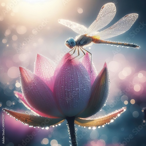 a dragonfly stopped on the delicate lotus, early morning drizzle, blurred minimalist background