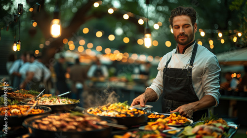 Chef presenting delectable dishes amid enchanting evening market lights.