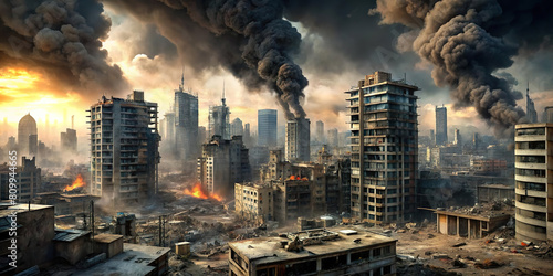 destroyed modern city in ruin with fire and smoke