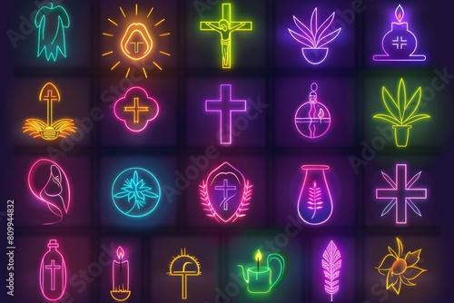 Bright neon religious symbols glowing in the dark, perfect for spiritual concepts or religious events
