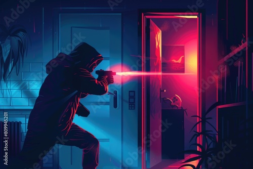 A man in a hoodie holding a laser gun. Suitable for sci-fi or futuristic themed projects