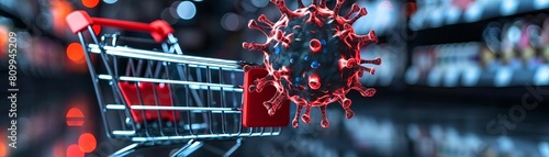 Sleek icon showing a virus particle inside a shopping cart, indicating the rapid spread of consumer trends in viral marketing