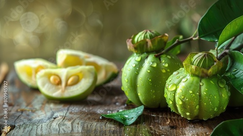 Fresh Garcinia Cambogia Fruit Still Life on Wooden Background for Health and Wellness-themed