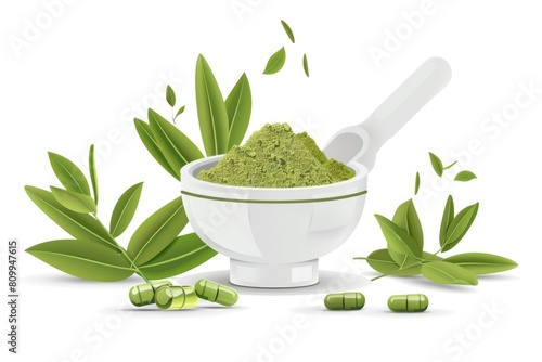 Mortar filled with green powder surrounded by leaves. Suitable for herbal medicine concept