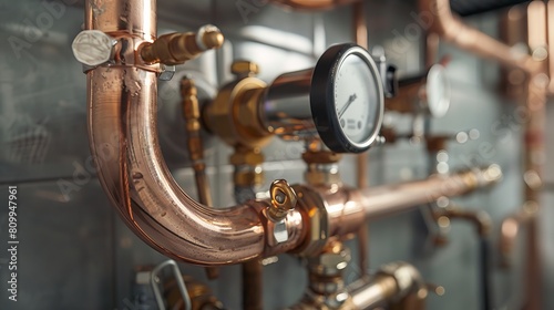 Plumbing concept showcasing a copper pipeline of a heating system in a technical room, with detailed views of a boiler and an expansion tank, including a pressure gauge
