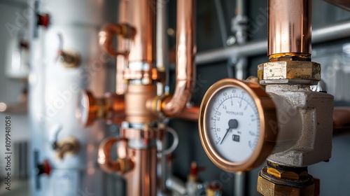 Plumbing concept showcasing a copper pipeline of a heating system in a technical room, with detailed views of a boiler and an expansion tank, including a pressure gauge