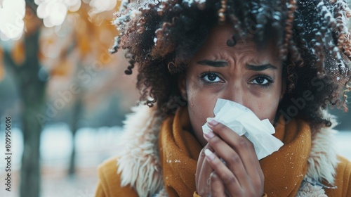 A woman is blowing her nose with a tissue. Suitable for health and wellness concepts